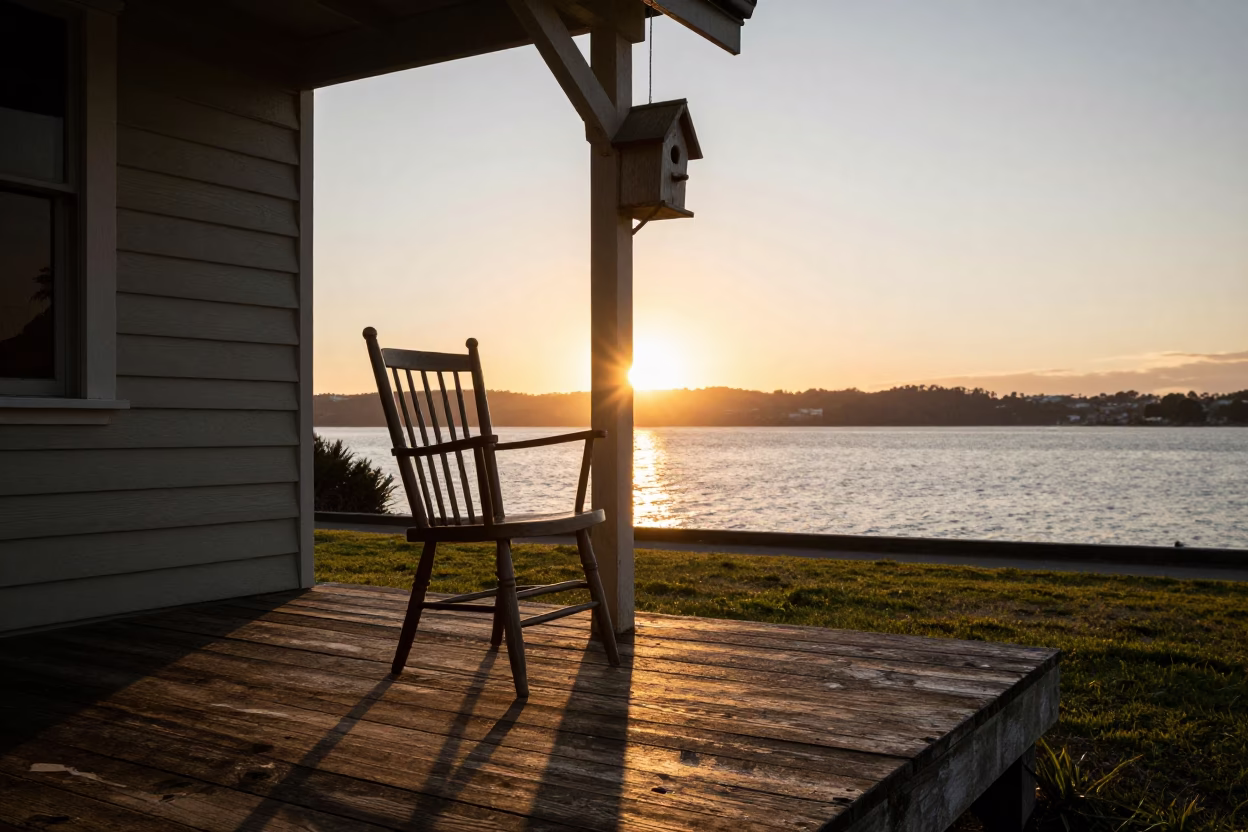 Hobart Tasmania Sunset Light on Ladder Back Chair and Birdhouse Near Waterfront in in Hobart, Tasmania, Australia