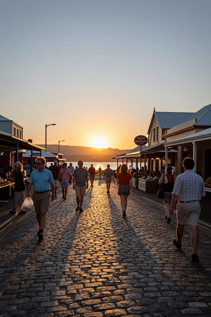 Hobart Tasmania Sunset Over Salamanca Market Cobblestones and Vintage 1990s Street Scene in in Hobart, Tasmania, Australia