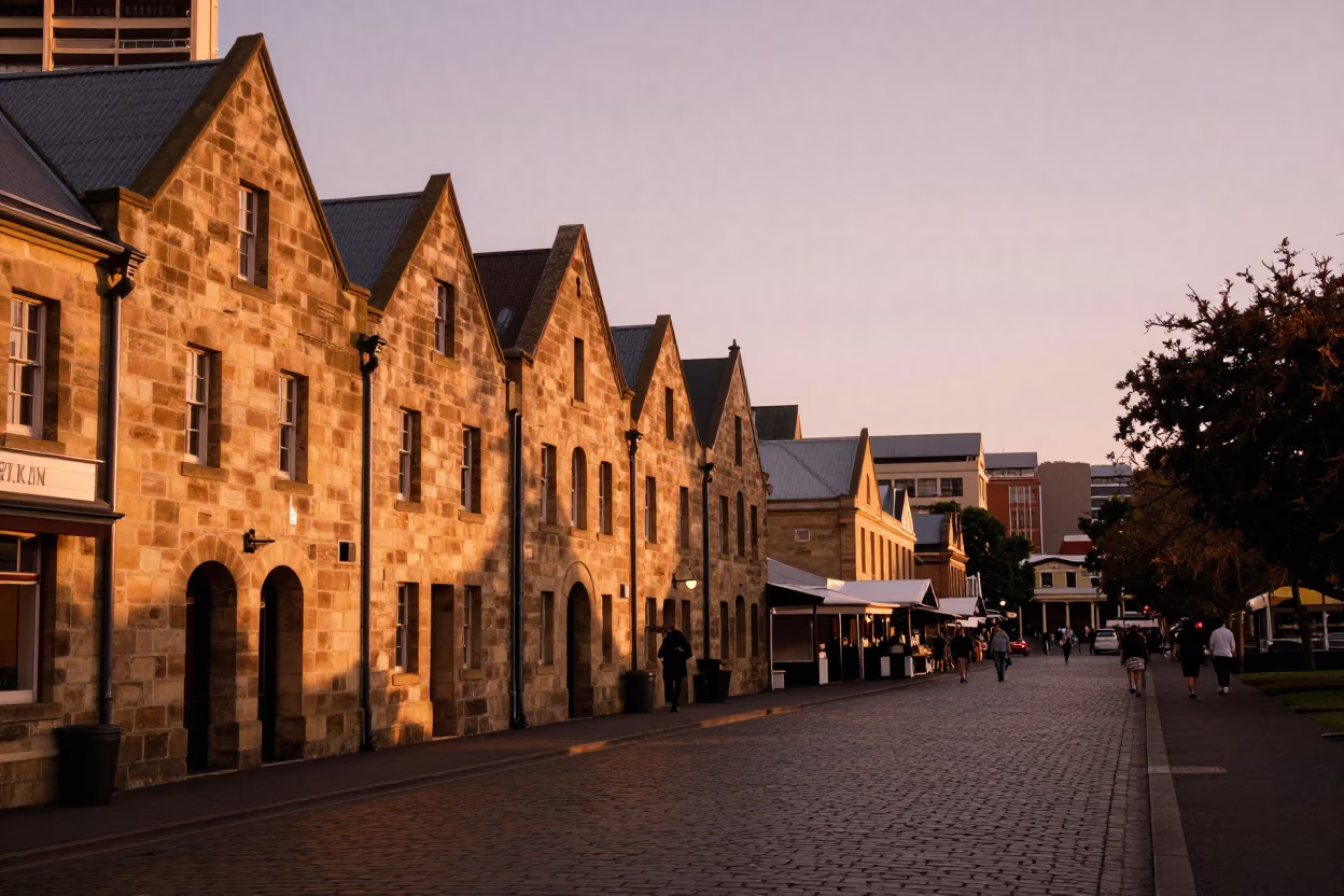 Hobart Tasmania Sunset Over Salamanca Market Historic Sandstone Buildings and Waterfront in in Hobart, Tasmania, Australia