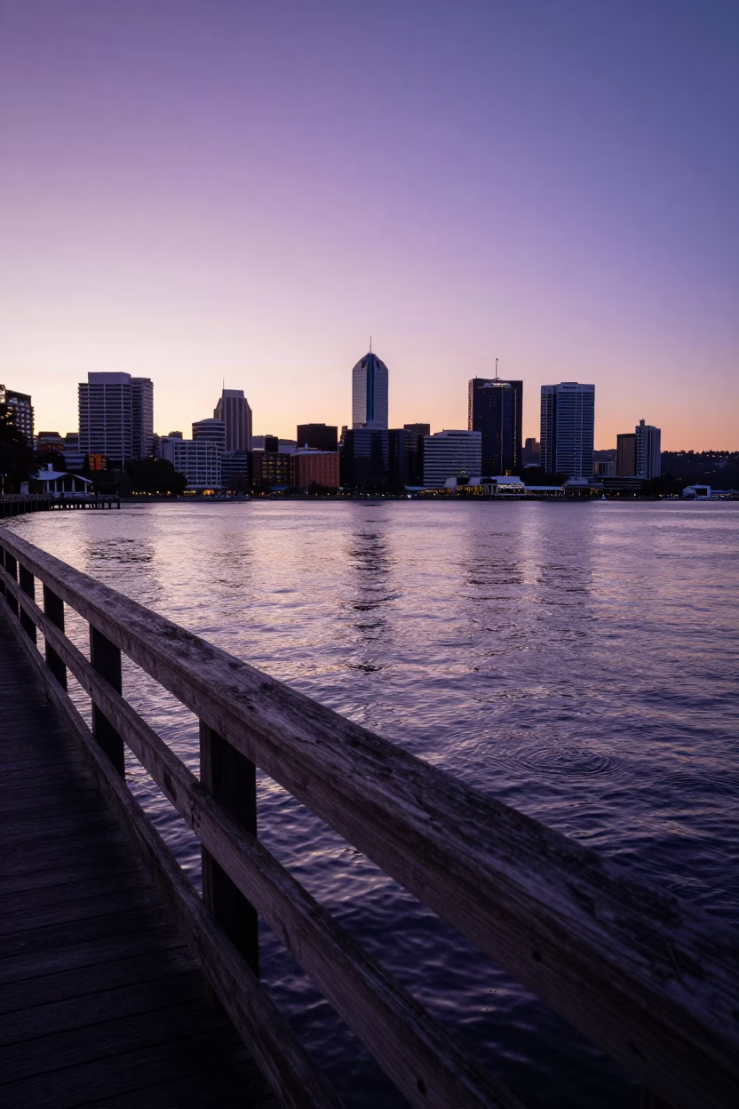 Hobart Tasmania Sunset Skyline View from Salamanca Place Wharf in in Hobart, Tasmania, Australia