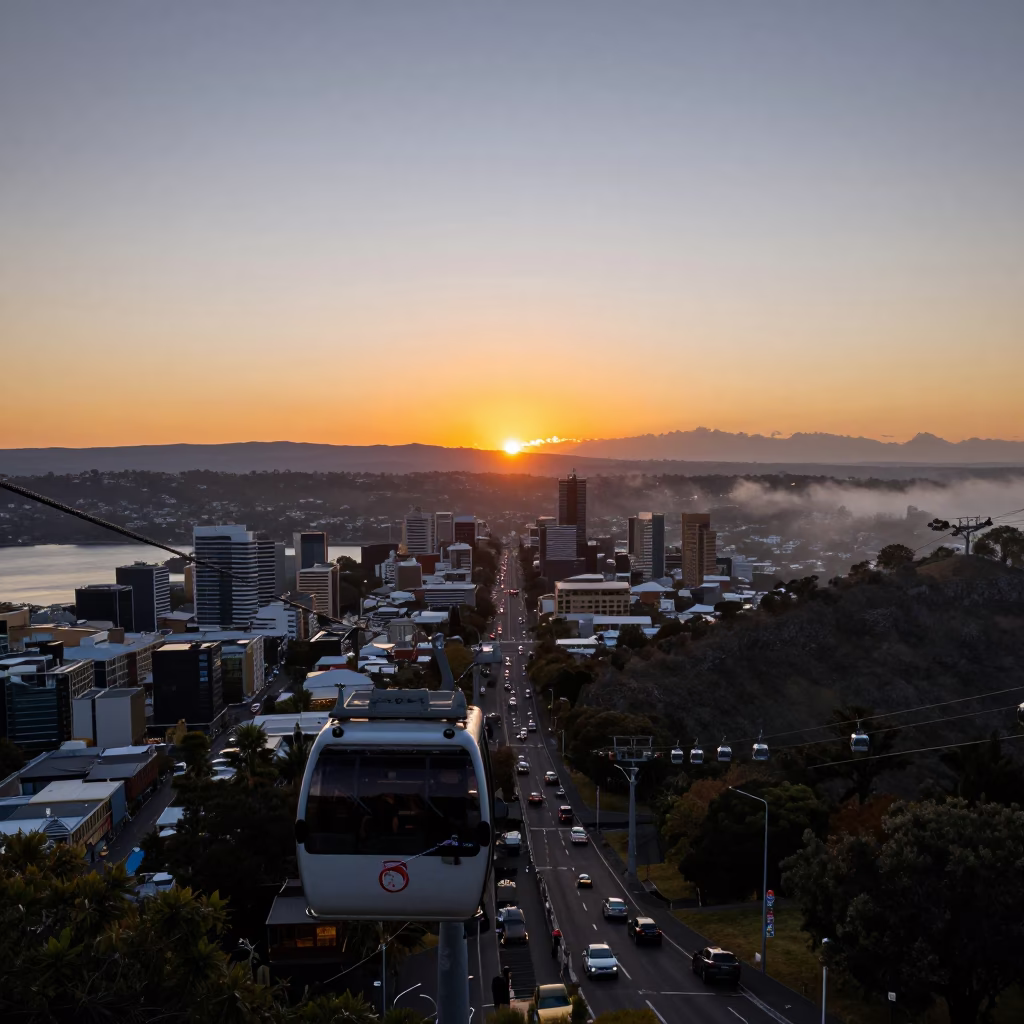 Hobart Tasmania Sunset Skyline with Aerial Tramway and Urban Street Life in in Hobart, Tasmania, Australia
