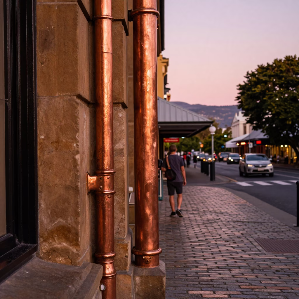 Hobart Tasmania Sunset Street Scene with Brass Hinge Detail in in Hobart, Tasmania, Australia