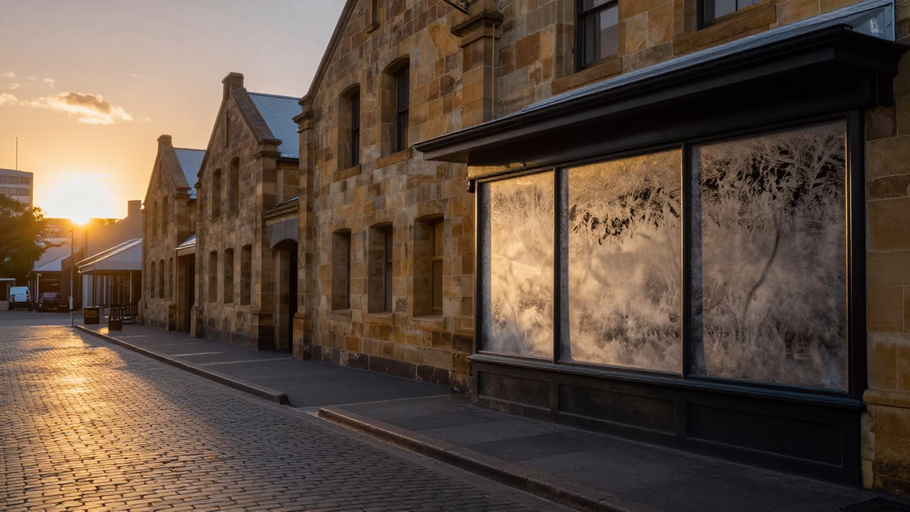 Hobart Tasmania Sunset Street Scene with Fogged Window and Urban Life in in Hobart, Tasmania, Australia