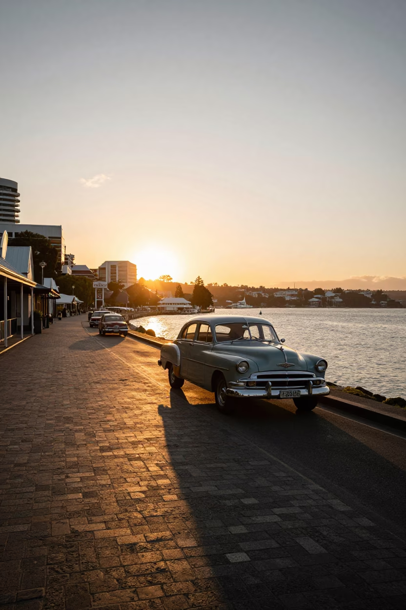 Hobart Tasmania Sunset Street Scene with Vintage Car and Harbour Bridge in in Hobart, Tasmania, Australia