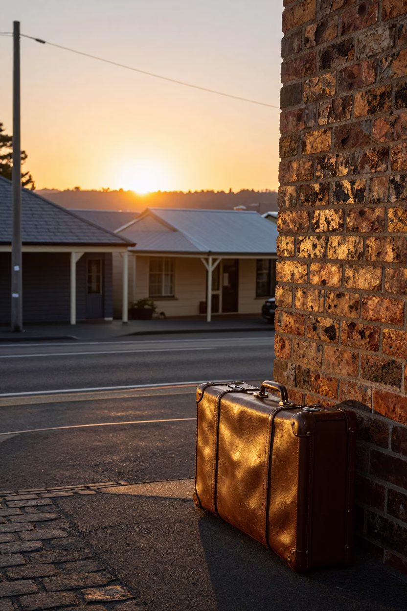 Hobart Tasmania Sunset Street Scene with Vintage Suitcases and Local Architecture in in Hobart, Tasmania, Australia