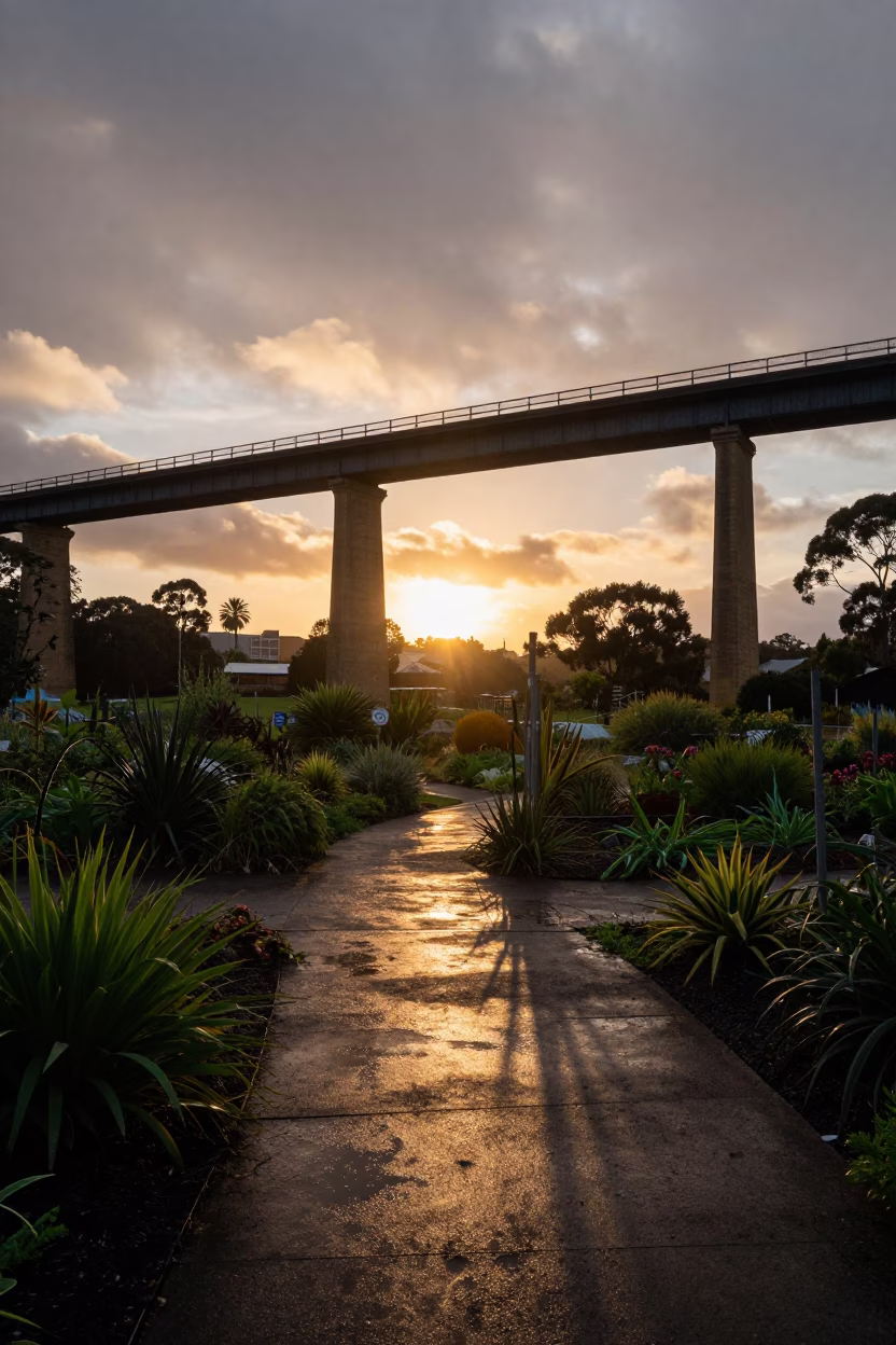 Hobart Tasmania sunset viaduct shadow over rain soaked allotment gardens in in Hobart, Tasmania, Australia