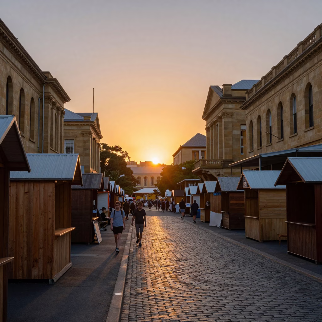 Hobart Tasmania Sunset View of Salamanca Market Stalls and Convict Brick Architecture in in Hobart, Tasmania, Australia