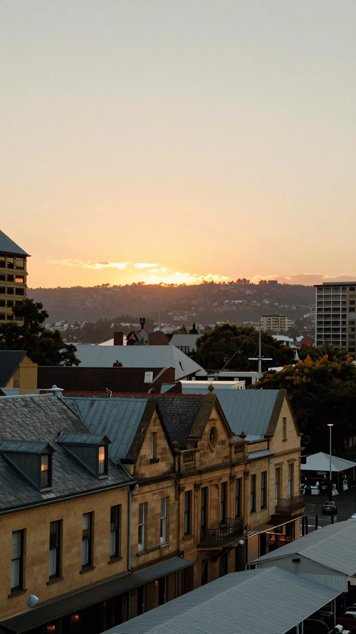 Hobart Tasmania Sunset View Over Salamanca Market Area and Historic Stone Buildings in in Hobart, Tasmania, Australia
