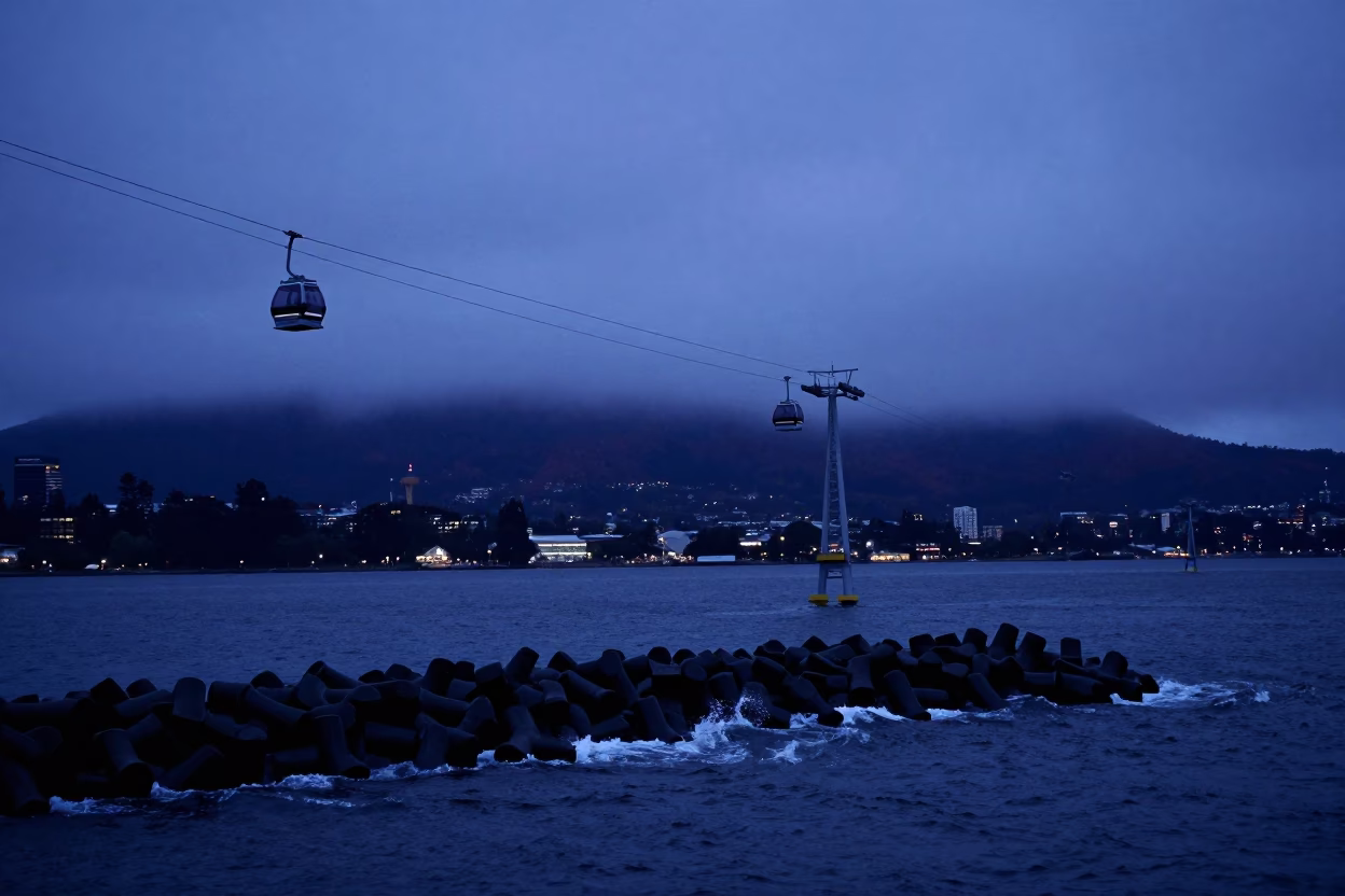 Hobart Tasmania Twilight Street Scene with Gondola Lift and Breakwater Tetrapods in in Hobart, Tasmania, Australia