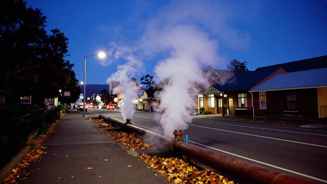 Hobart Tasmania Twilight Street Scene with Steam Pipes and Cobalt Sky in in Hobart, Tasmania, Australia