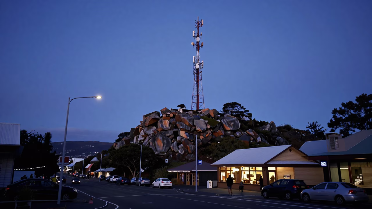 Hobart Tasmania Twilight Street Scene with Telecommunication Mast on Rocky Summit in in Hobart, Tasmania, Australia