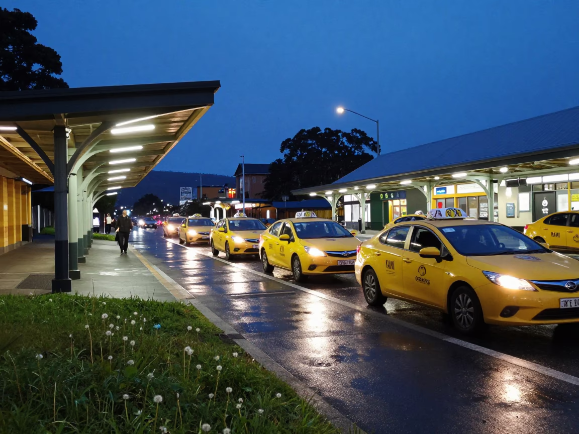 Hobart Tasmania Twilight Taxi Rank Outside Train Station with Dandelion Seed Head in in Hobart, Tasmania, Australia