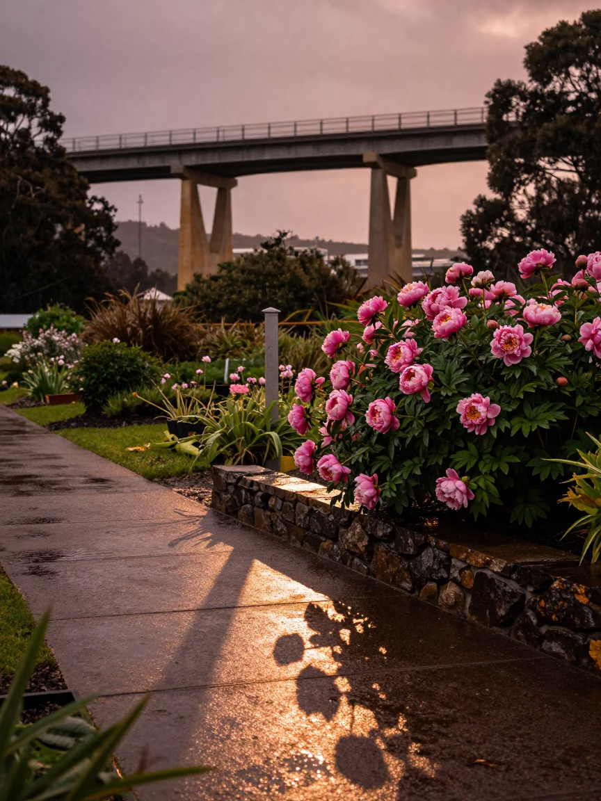 Hobart Tasmania Viaduct Shadow Over Rain-Soaked Allotment Gardens in Copper Dusk Light in in Hobart, Tasmania, Australia