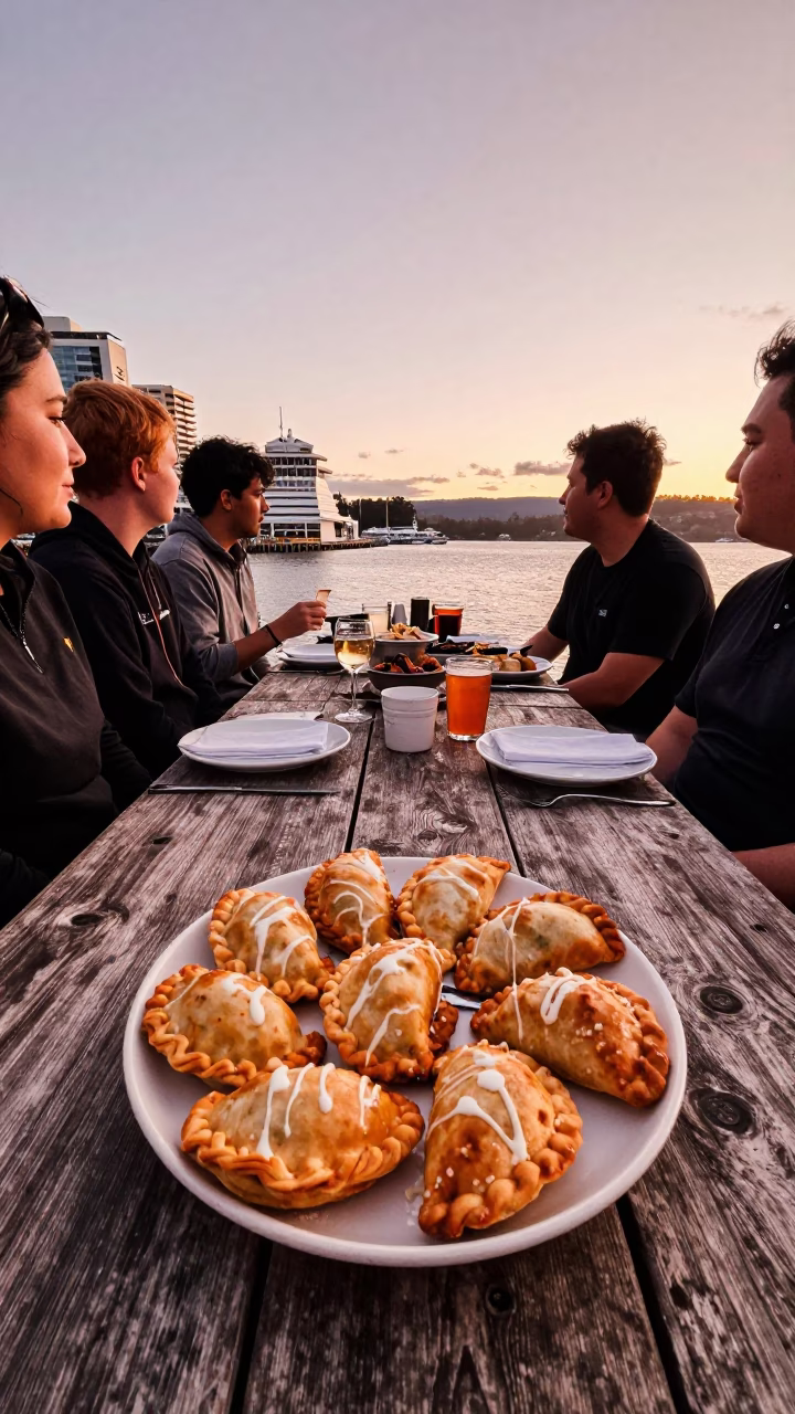 Hobart Tasmania waterfront dining with fresh seafood and harbor views at dusk in in Hobart, Tasmania, Australia