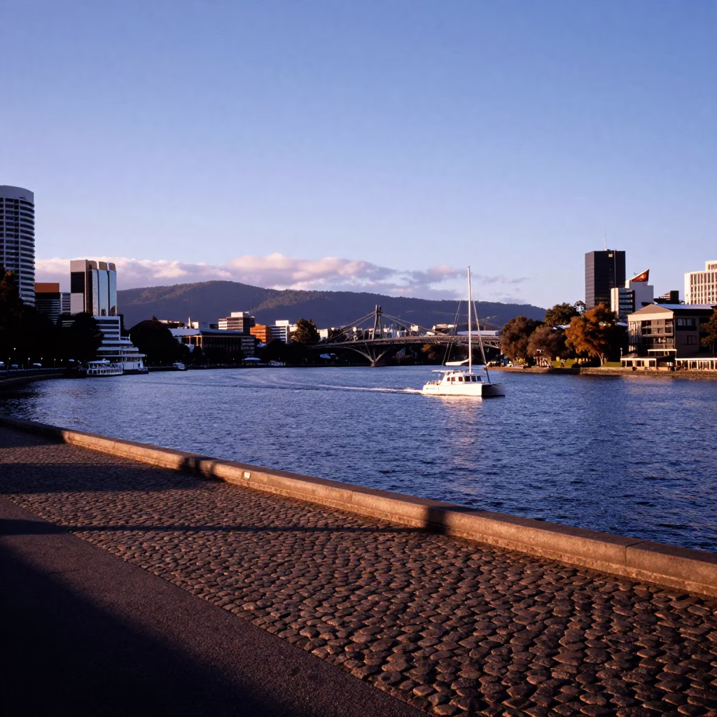 Hobart Tasmania waterfront twilight view of the Derwent River and historic architecture in in Hobart, Tasmania, Australia