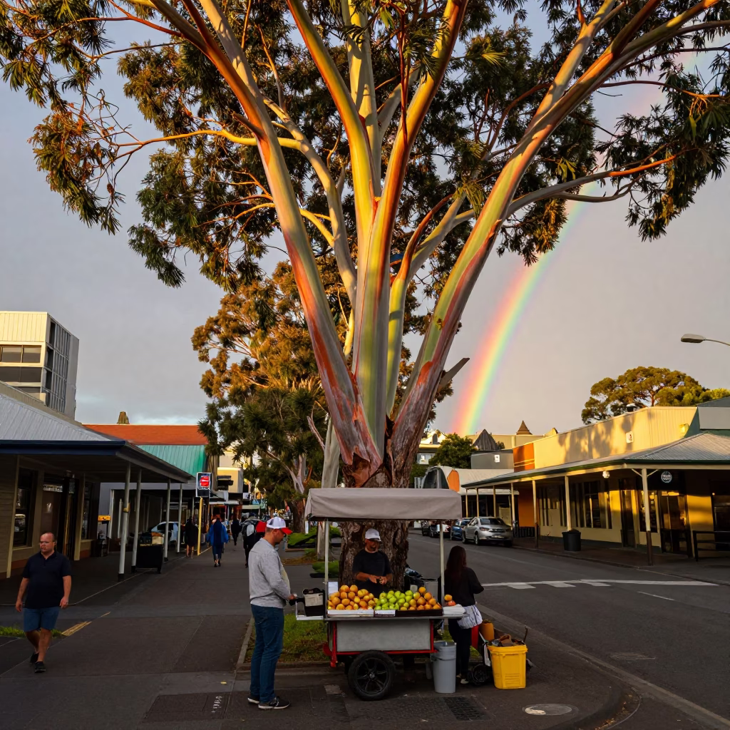Hobart Tasmanian Evening Street Scene with Rainbow Eucalyptus and Apples in in Hobart, Tasmania, Australia