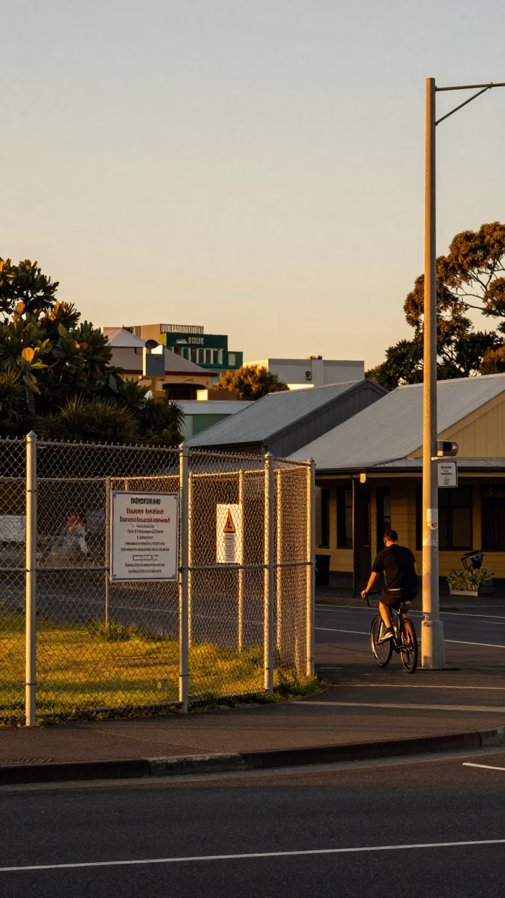 Hobart Tasmanian Evening Street Scene with Substation Fence and Urban Details in in Hobart, Tasmania, Australia
