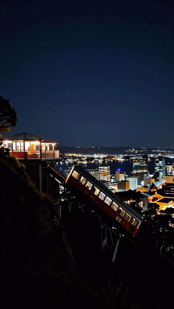 Hobart Tasmanian Funicular Railway Climbing Cliffside Under Deep Night Sky in in Hobart, Tasmania, Australia