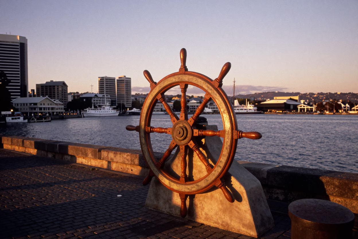 Hobart Tasmanian Harbor Dusk View with Vintage Ship Wheel Detail and Coastal Breakwater in in Hobart, Tasmania, Australia