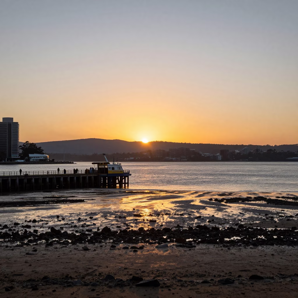 Hobart Tasmanian Sunset Ferry Ramp Low Tide and Harbor Activity in in Hobart, Tasmania, Australia