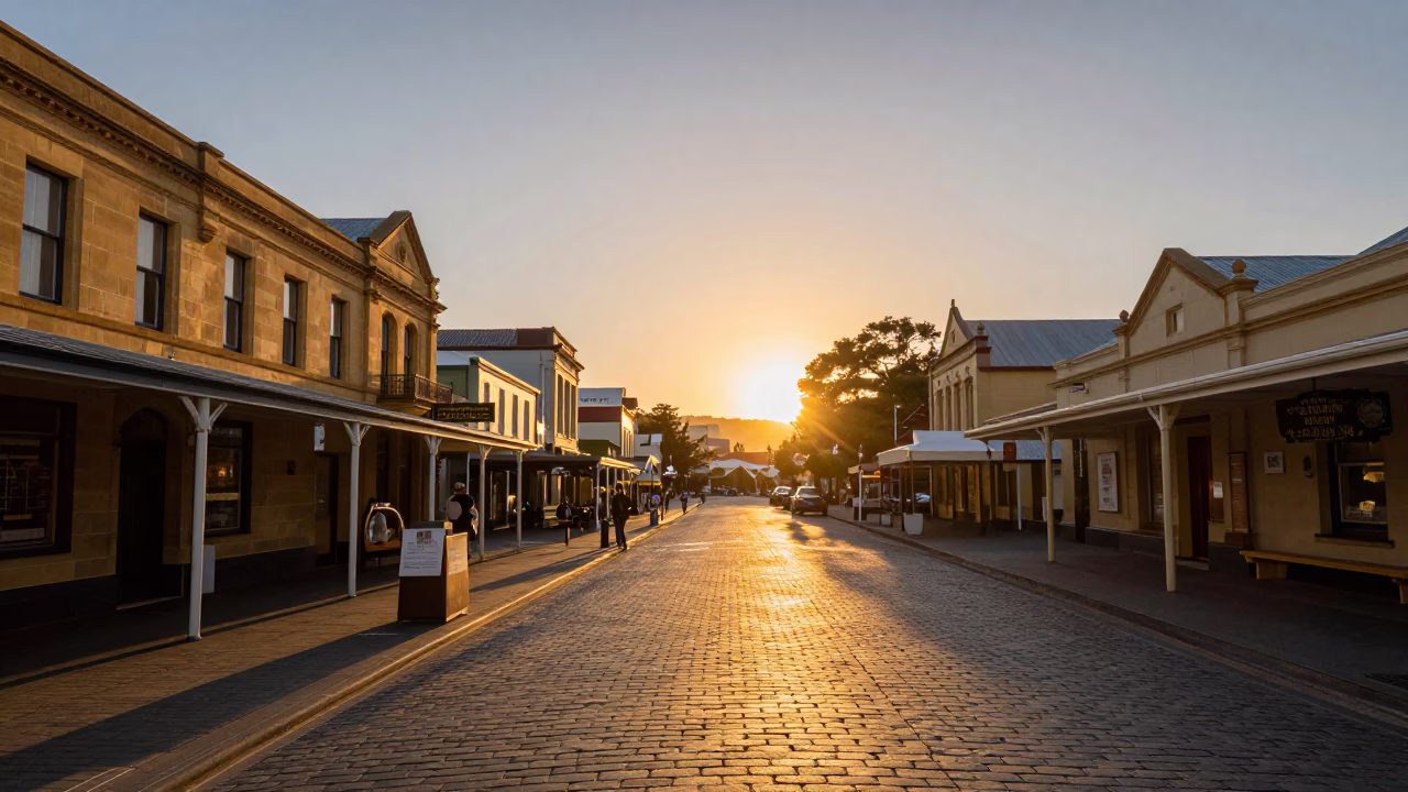 Hobart Tasmanian Sunset Street Scene with Local Food and Natural Light in in Hobart, Tasmania, Australia