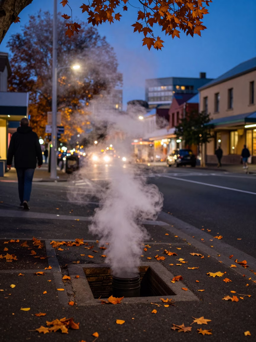 Hobart Twilight Street Scene with Steam Vent and Autumn Leaves in Tasmania in in Hobart, Tasmania, Australia