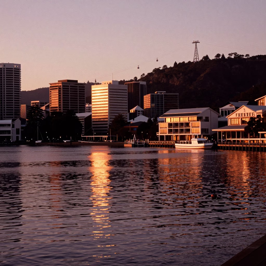 Hobart Waterfront at Copper-toned Light Before Dusk in in Hobart, Tasmania, Australia
