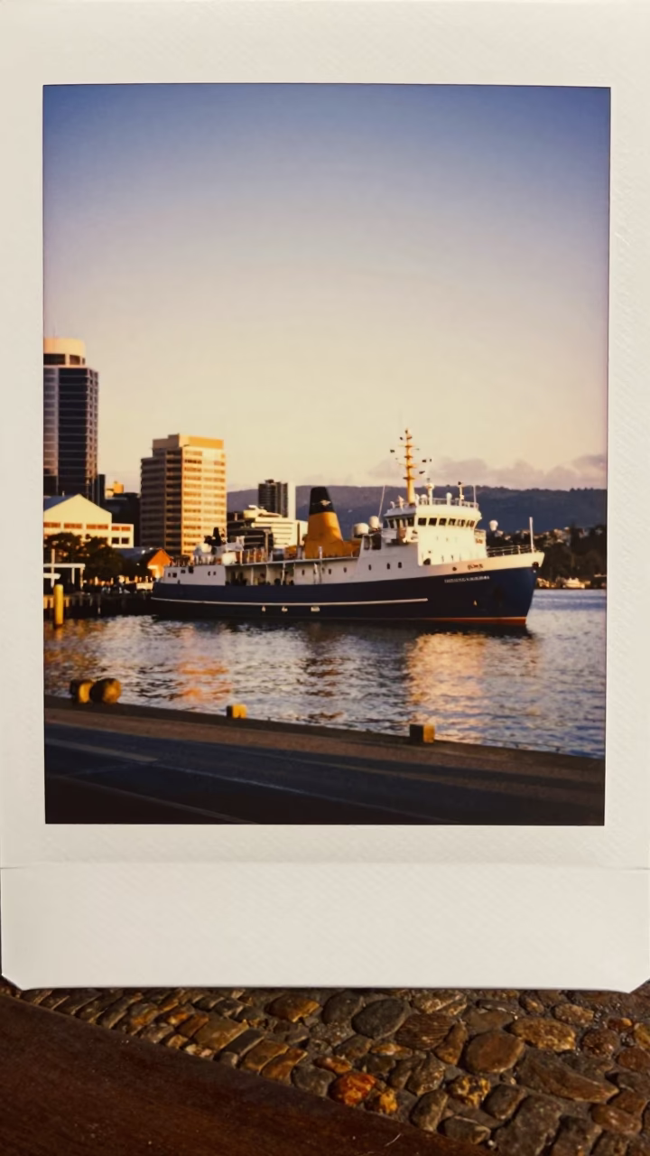 Hobart Waterfront at Dusk with Research Vessel and City Skyline in Honeyed Light in in Hobart, Tasmania, Australia