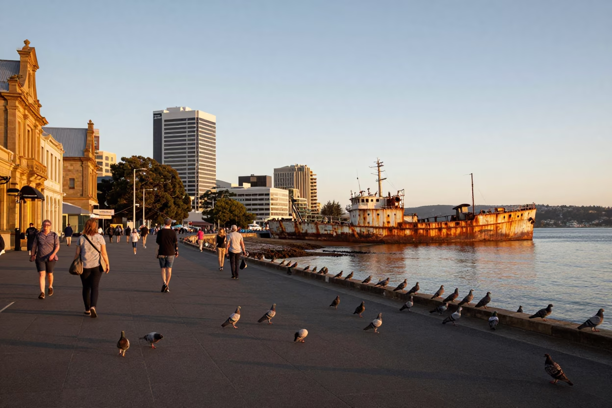Hobart Waterfront Evening Scene with Pigeons and Rusting Ship in Golden Light in in Hobart, Tasmania, Australia