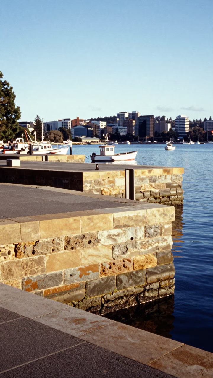 Hobart Waterfront Noon Sunlight on Historic Sandstone Wharves and Docked Boats in in Hobart, Tasmania, Australia