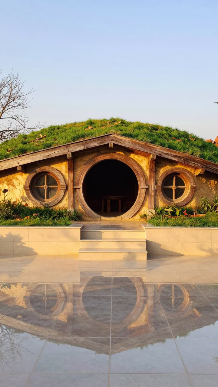 Hobbit Earth House with Grass Roof in Kandhkot Stair Hall in inside a tiled stair hall near Kandhkot