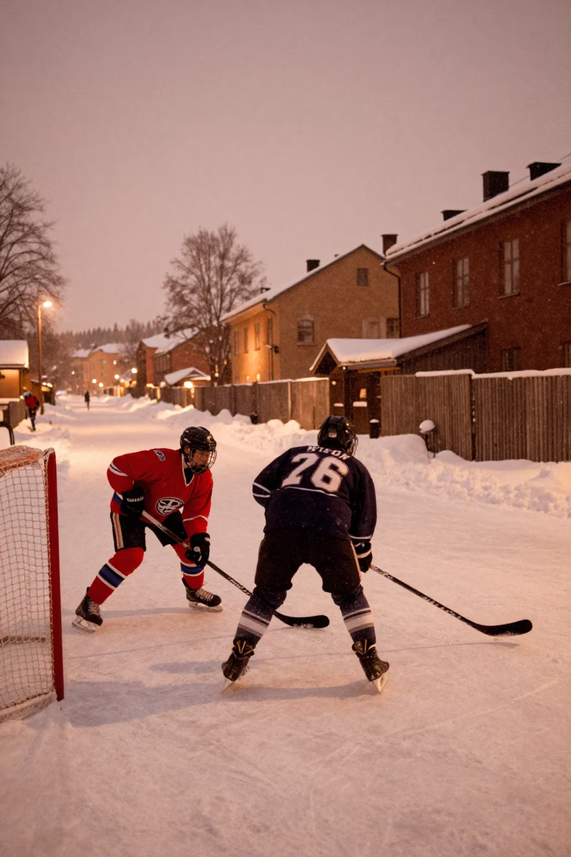 Hockey Breakaway in Snowy Stockholm Lane in in a village lane near Ostermalm, Stockholm