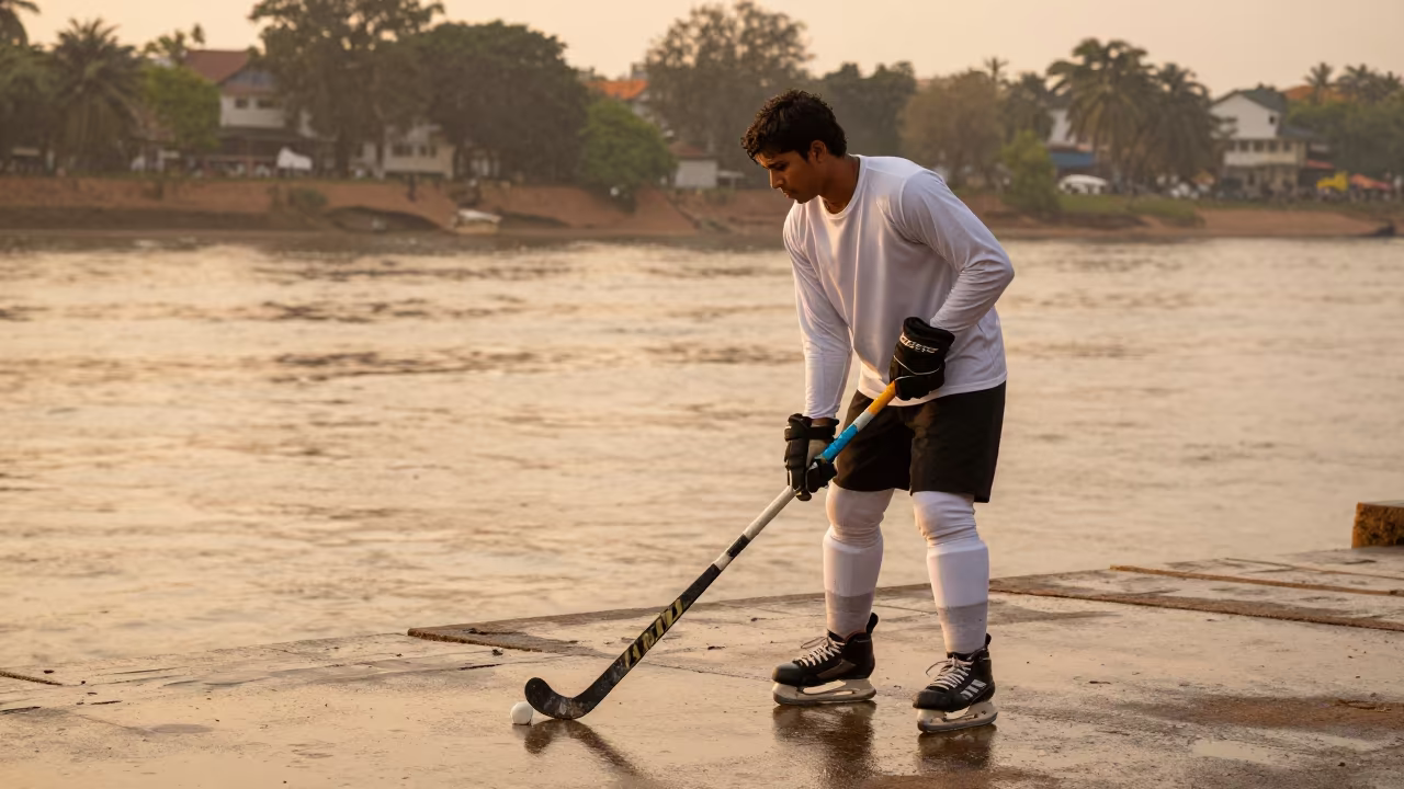 Hockey Player on Madurai Quay in Golden Light in at a harbor quay near Madurai