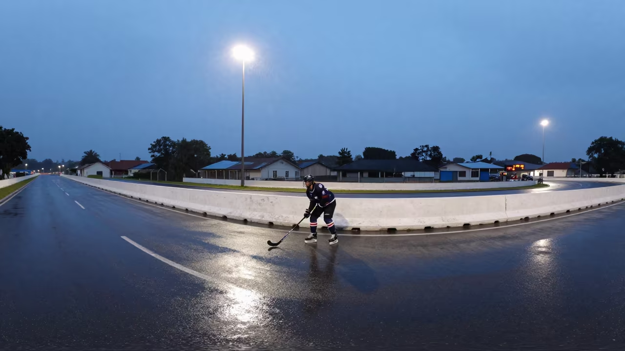 Hockey Player Under Scoreboard Light in Rain in at a roadside stop near Kinshasa