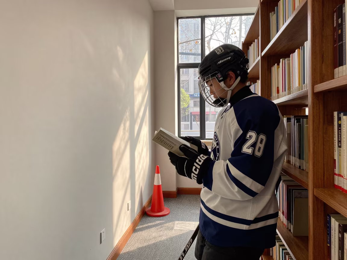 Hockey Player in Shanghai Library Reading Room in in a library reading room in Old City, Shanghai