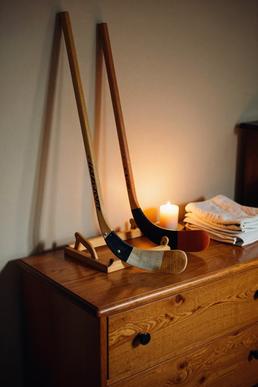 Hockey Stick Rack on Hotel Dresser Quebec in on a hotel dresser in Quebec City