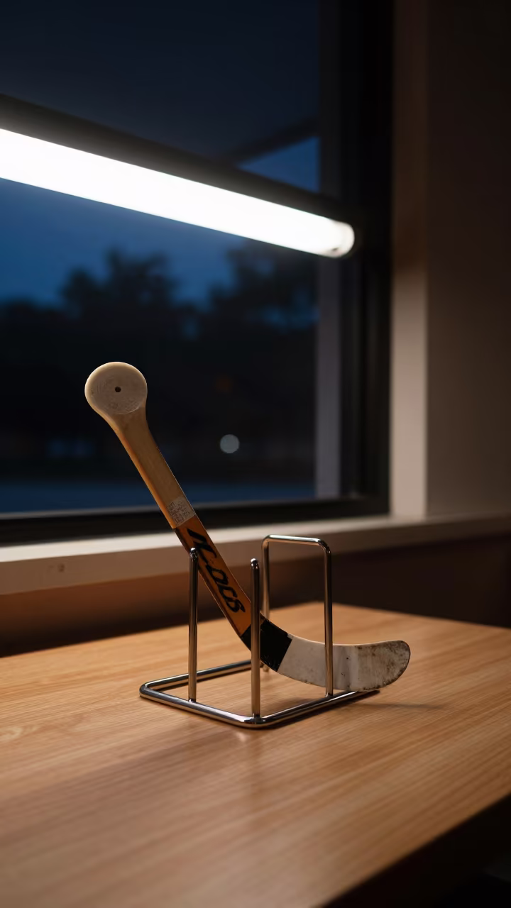 Hockey Stick Rack in Predawn Fluorescent Light in on a cafe table by a window in Houston