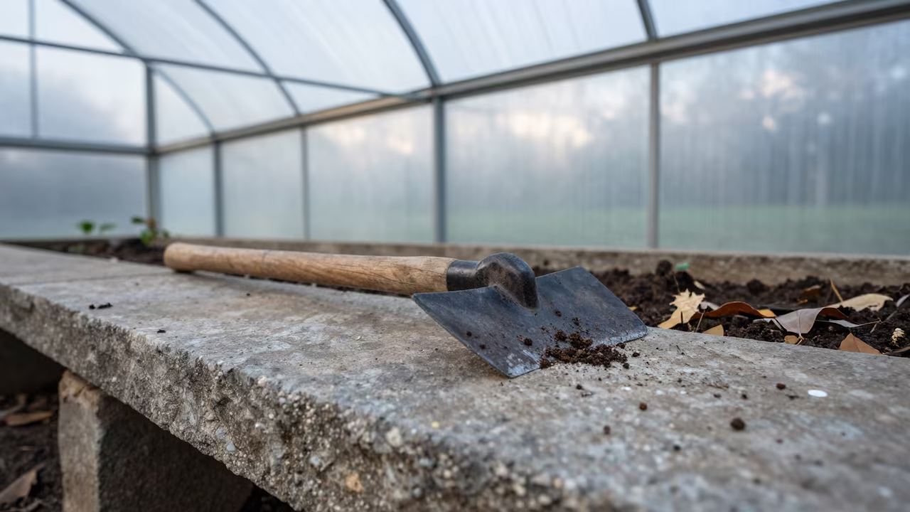Hoe on Stone Potting Bench in Greenhouse in on a stone ledge near Indore