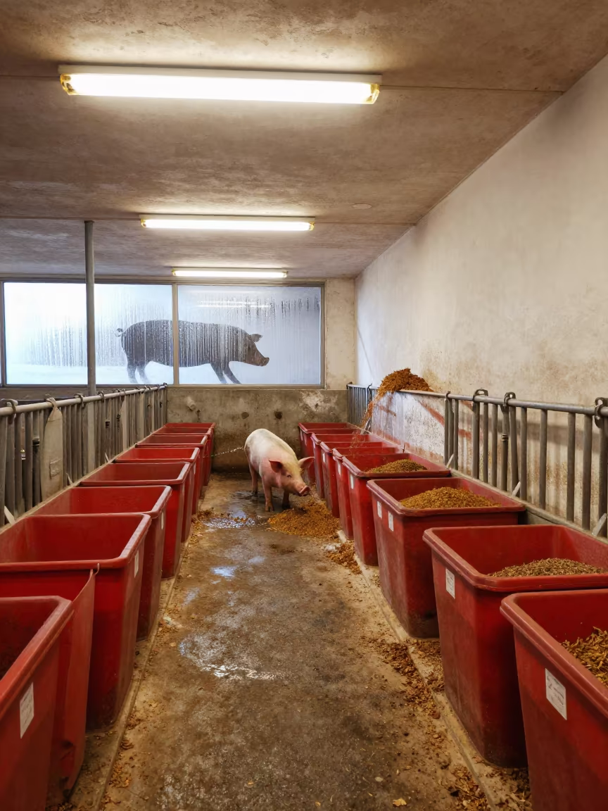 Hog pen corridor with red feed bins in Monaco in inside a milking parlor in Monaco