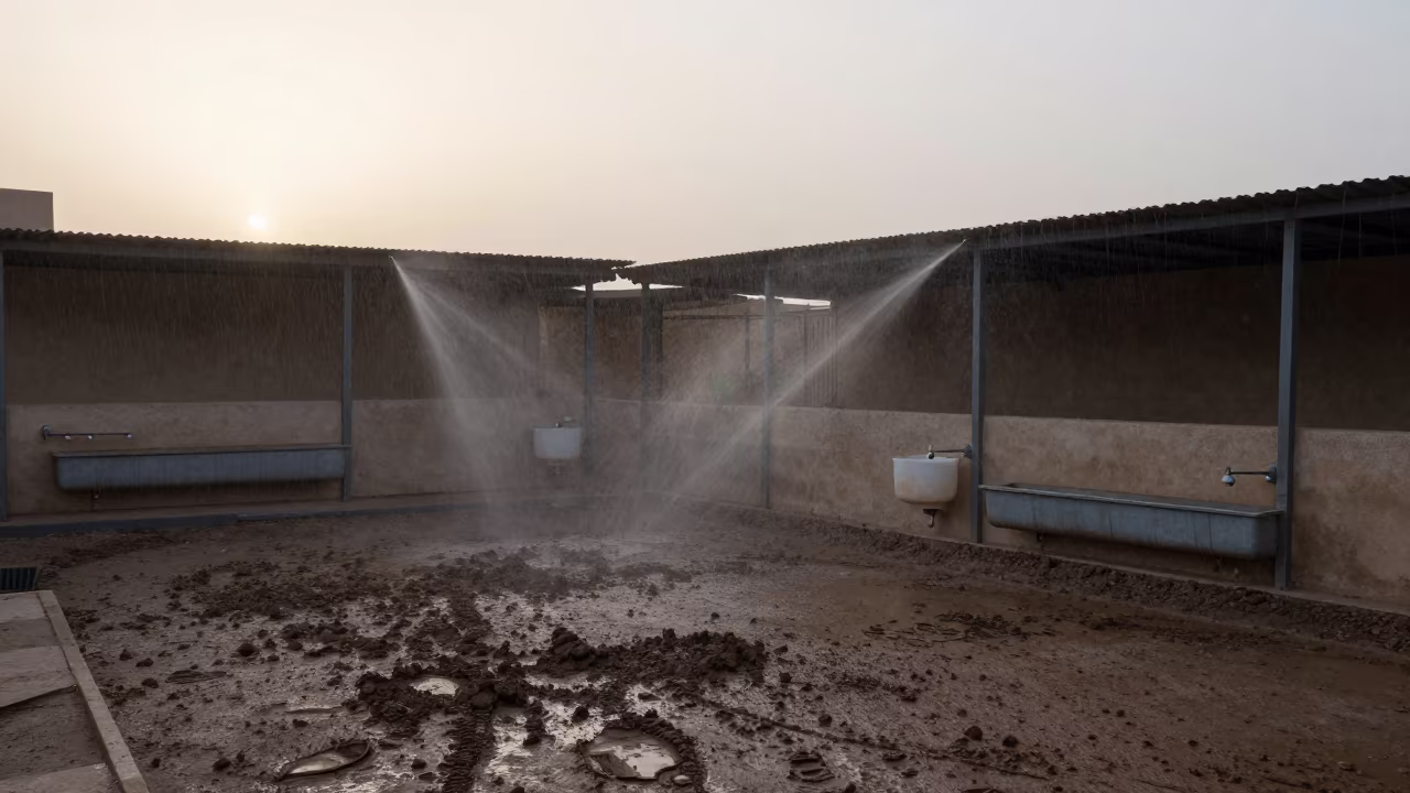Hog Yard Mist Dawn UAE Storm Clearing in near a windbreak and water trough in United Arab Emirates