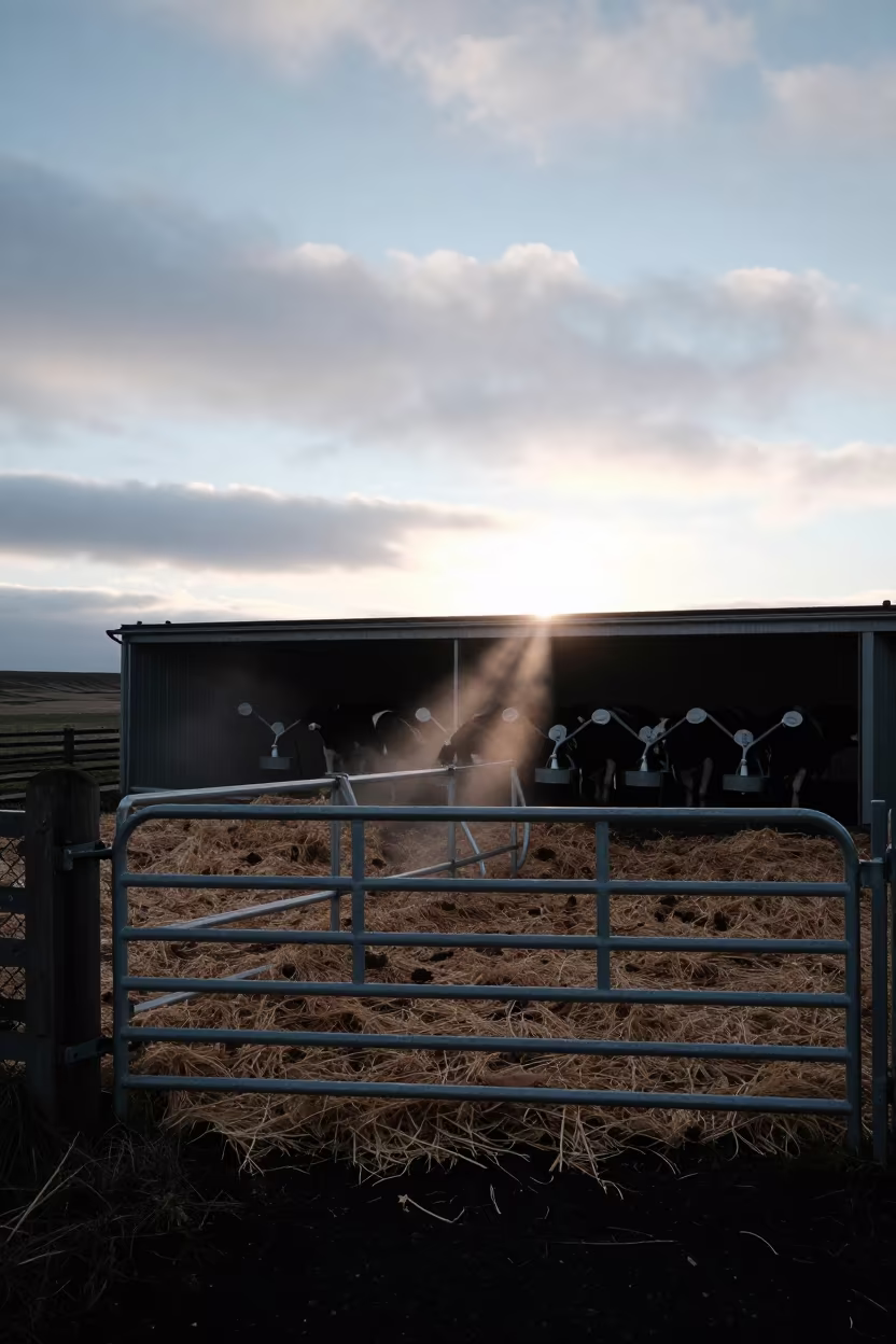 Hog Yard Silhouetted Against Dawn Light in Iceland in beside a pasture gate in Iceland