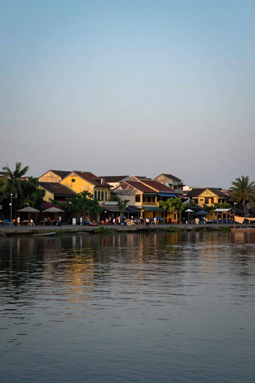 Hoi An Ancient Town Early Morning River View with Local Street Life in in Hoi An, Vietnam