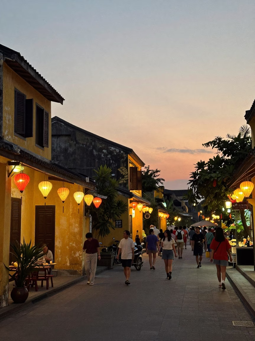 Hoi An Ancient Town Evening Street Scene with Lanterns and Junk Boat in in Hoi An, Vietnam