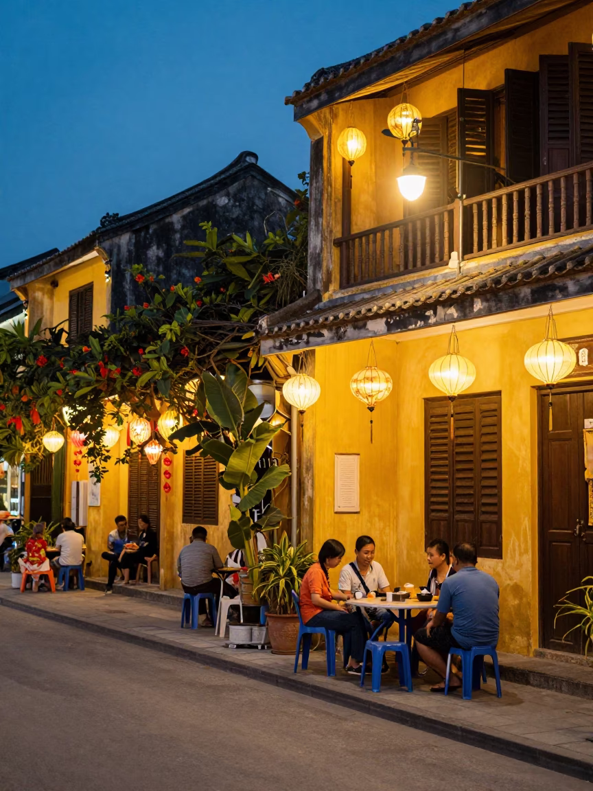 Hoi An Ancient Town Evening Street Scene with Lanterns and Local Diners in in Hoi An, Vietnam