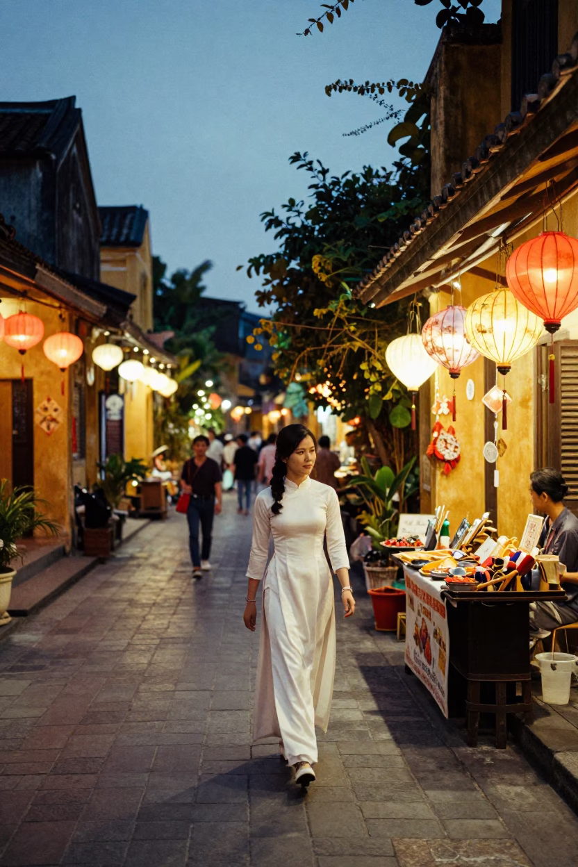 Hoi An Ancient Town Evening Street Scene with Lanterns and Local Life in in Hoi An, Vietnam
