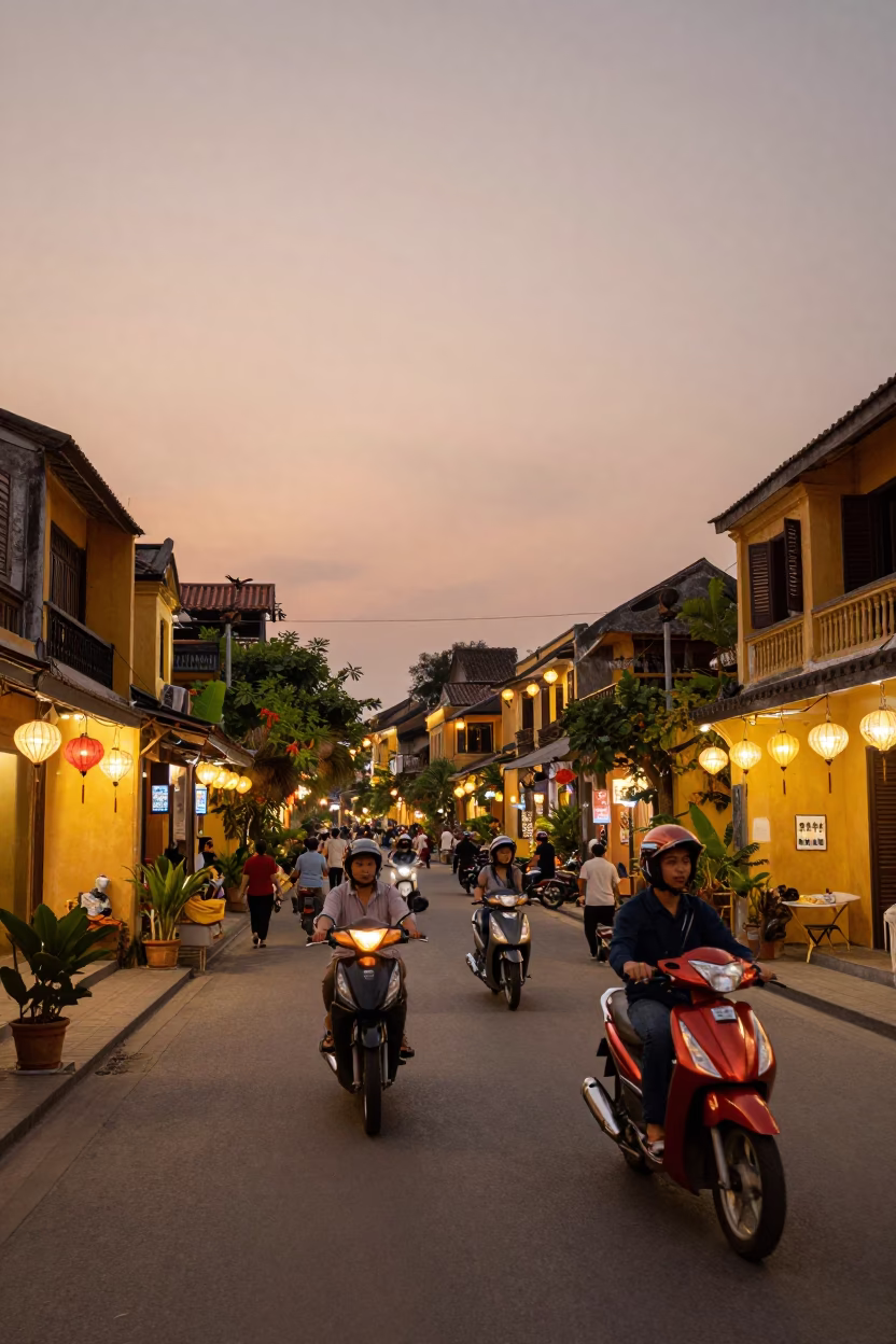 Hoi An Ancient Town Evening Street Scene with Lanterns and Motorbikes in in Hoi An, Vietnam