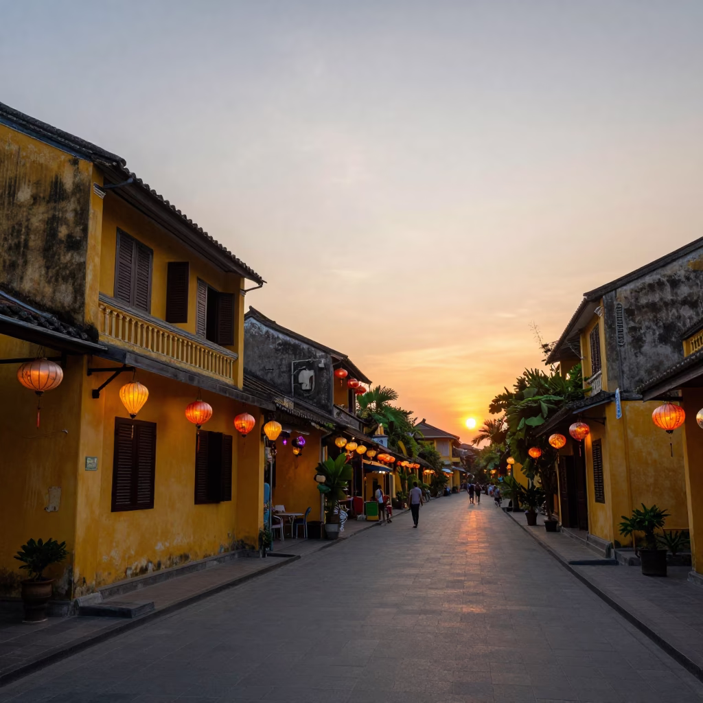 Hoi An Ancient Town Evening Street Scene with Lanterns and River View in in Hoi An, Vietnam