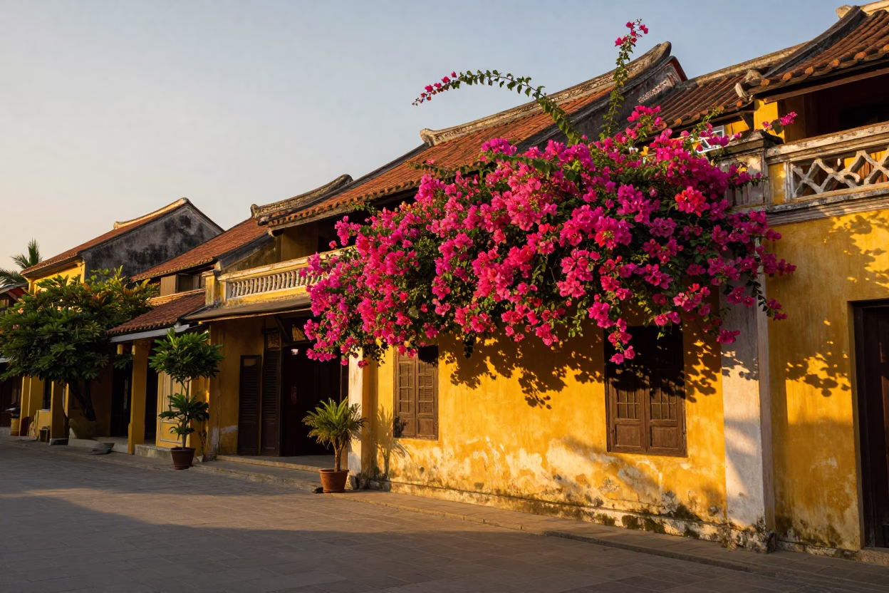 Hoi An Ancient Town evening view with bougainvillea and yellow heritage buildings in in Hoi An, Vietnam