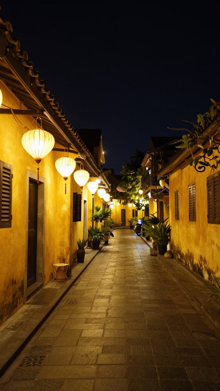 Hoi An Ancient Town night alley with lanterns and historic architecture in in Hoi An, Vietnam