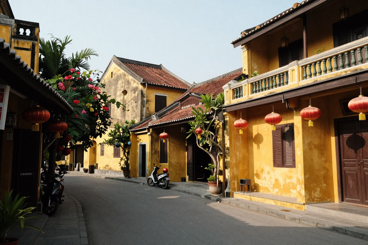 Hoi An Ancient Town Street Scene with Yellow Facades and Motorcycles in Early Afternoon in in Hoi An, Vietnam